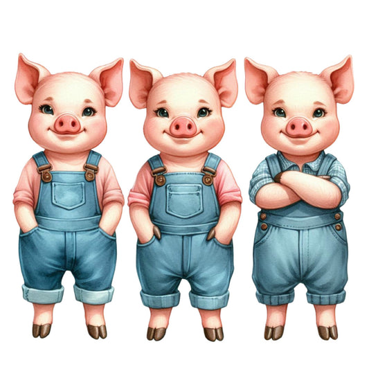 cute pigs, pig characters, farm animals, overalls, denim blue, coral pink, cream, farmhouse style, whimsical, children's fabric, baby fabric, anthropomorphic animals, country style, rural theme, vintage inspired, playful design, character panel, animal characters, rustic charm, pastoral, sweet design, cheerful, adorable, kid-friendly, nursery fabric, storybook style, folk art inspired, countryside, charming characters