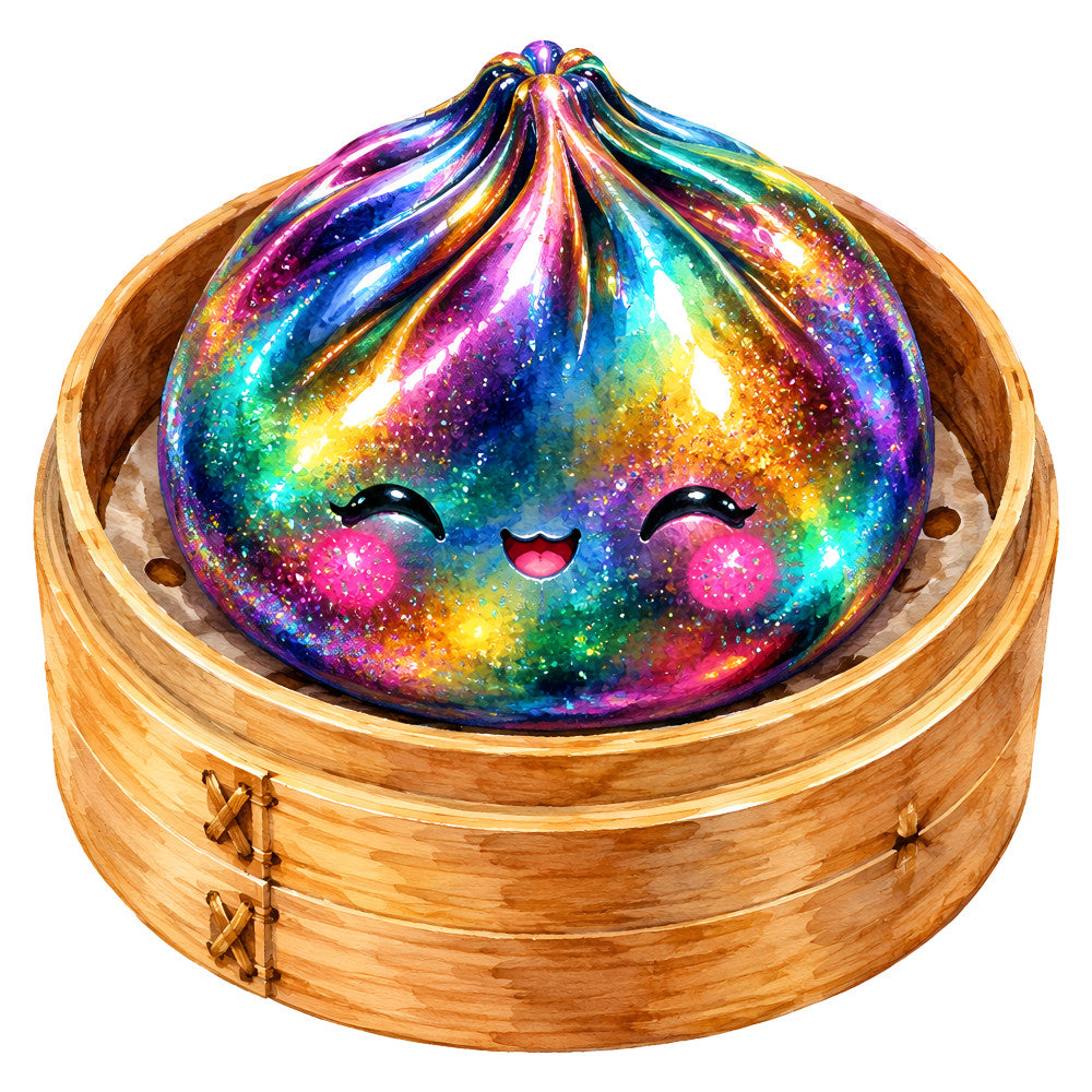 rainbow, multicolor, holographic, iridescent, galaxy, cosmic, sparkle, glitter, metallic, vibrant, neon, celestial, whimsical, cute, kawaii, playful, fantasy, magical, dumpling, asian inspired, bamboo steamer, novelty, conversation print, children's, kid-friendly, happy face, smiling, bright colors, jewel tones, purple