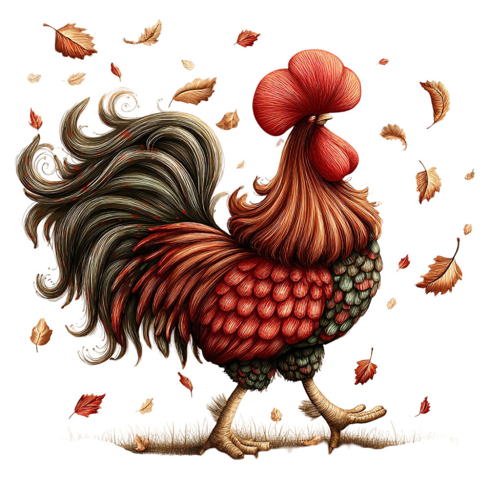 rooster, autumn, fall, thanksgiving, farmhouse, rustic, red, burgundy, cream, tan, beige, dark brown, forest green, sage green, animal print, nature, harvest, country, vintage, whimsical, decorative, home decor, wall hanging, folk art, traditional, leaves, falling leaves, seasonal, cottage core, farm animal