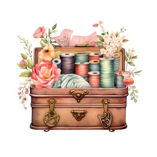 vintage suitcase, sewing supplies, thread spools, pink flowers, coral pink, sage green, dusty rose, cream, peach, floral, botanical, roses, peonies, carnations, ribbon, crafting, sewing room, whimsical, cottage core, vintage aesthetic, retro, shabby chic, feminine, elegant, spring, summer, hobby themed, craft supplies, steampunk, nostalgic