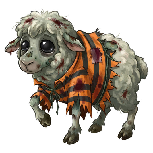 zombie sheep, halloween, cute zombie, damaged fabric, distressed, orange and black, cream white, sage green, rust red, blood stains, spooky, horror, witchy, undead, festive halloween, autumn, fall, whimsical dark, quirky, character design, backpack detail, striped, playful creepy, trick or treat, seasonal, animal character, adventure theme