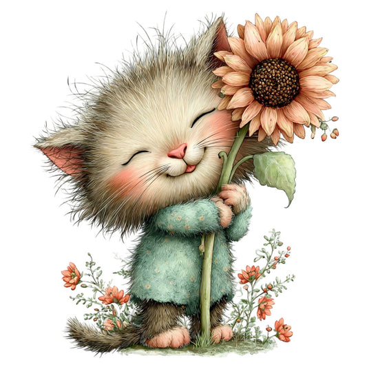 cat, kitten, sunflower, flowers, floral, animals, whimsical, cute, sweet, nature, botanical, cream, ivory, sage green, coral pink, peach, brown, soft colors, pastel, gentle, children's, kids, baby, spring, summer, garden, cheerful, playful, illustration, storybook