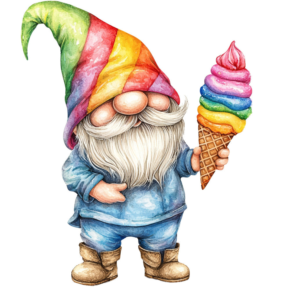 gnome, rainbow, ice cream cone, whimsical, colorful, fantasy, magical, children's, playful, summer, bright multicolor, red, yellow, blue, green, pink, purple, orange, striped hat, bearded character, cute, illustration, storybook, nursery, kid's fabric, seasonal, novelty print, fun, cheerful, folk art inspired