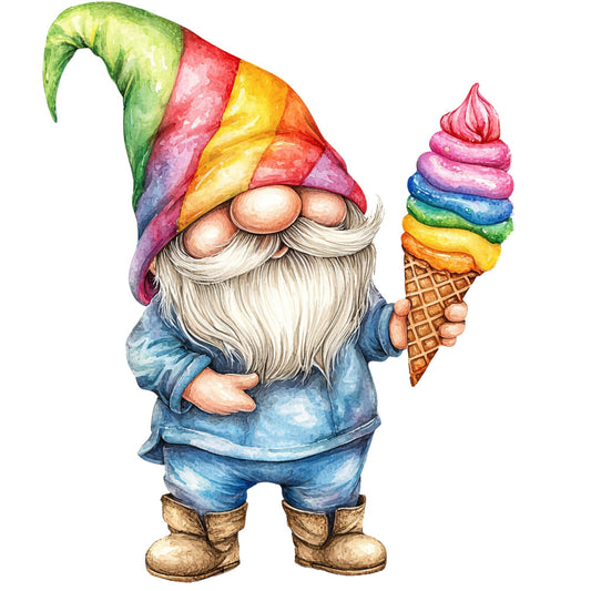 gnome, rainbow, ice cream cone, whimsical, colorful, fantasy, magical, children's, playful, summer, bright multicolor, red, yellow, blue, green, pink, purple, orange, striped hat, bearded character, cute, illustration, storybook, nursery, kid's fabric, seasonal, novelty print, fun, cheerful, folk art inspired