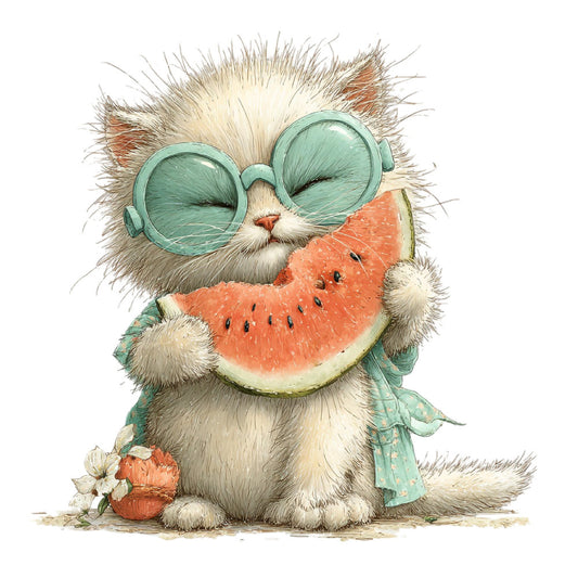sage green, coral pink, cream, watermelon, whimsical, cat, kitten, animals, cute, playful, sunglasses, fruit, summer, spring, cheerful, illustration, artistic, children's, nursery, baby, storybook, vintage watercolor, soft pastels, charming, quirky, nature-inspired, retro, whimsy, botanical accents