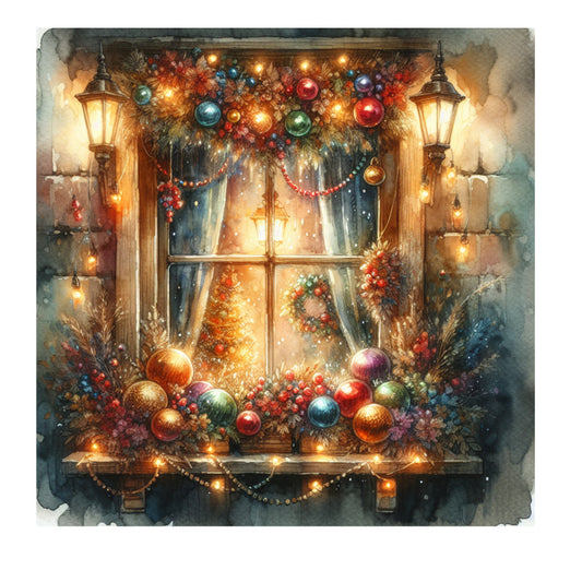 vintage christmas, window scene, warm golden lights, red ornaments, blue ornaments, green ornaments, colorful baubles, evergreen garland, string lights, lanterns, winter wreath, festive decorations, watercolor style, cozy atmosphere, fabric panel, quilting cotton, holiday theme, glowing illumination, snowy evening, christmas swag