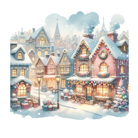 winter village, christmas, snow, festive, holiday, cozy cottage, gingerbread house, christmas town, snowy landscape, warm lights, gold, cream, soft blue, dusty rose, coral pink, sage green, burgundy, traditional, whimsical, nostalgic, vintage, storybook, magical, enchanted, decorations, street lamps, gift boxes, peaceful scene, seasonal, winter wonderland