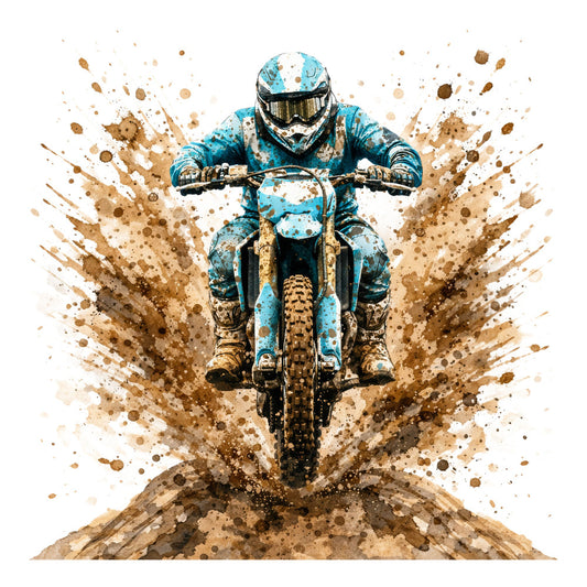 dirt bike, motocross, turquoise blue, tan, brown, splatter, watercolor, abstract, action sports, extreme sports, off-road, mud, dust, grunge, adventure, masculine, sporty, dynamic, energetic, dirt biking, motorcycle, racing, speed, splash effect, contemporary, bold, all-terrain, stunt, adrenaline