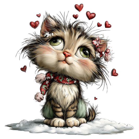 cute cat, fluffy kitten, tabby cat, whimsical animals, red hearts, love themed, floral collar, flower motifs, sweet animals, nursery, baby, children's, cream white, warm beige, soft gray, forest green, coral red, rust red, romantic theme, valentine, adorable pets, cat lovers, decorative panel, wall hanging, character design, illustrative style, charming, endearing, feminine, gentle