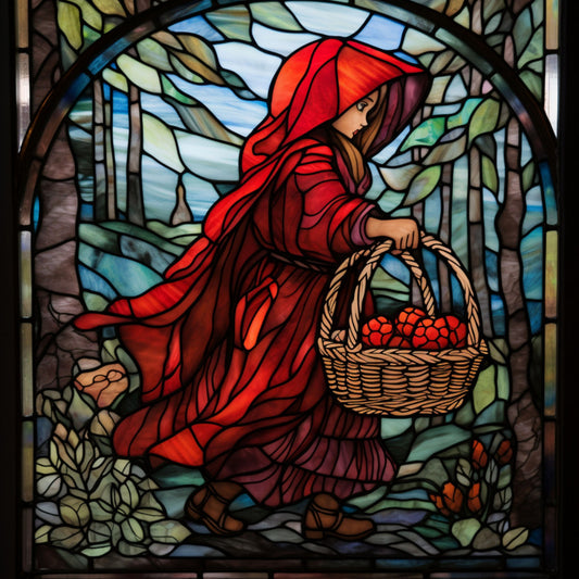 little red riding hood, stained glass, red cloak, forest scene, wicker basket, fairy tale character, girl figure, woodland trees, vibrant red, emerald green, sapphire blue, amber yellow, fabric panel, quilting cotton, decorative panel, whimsical art, children's story, medieval style, intricate leadwork, narrative scene