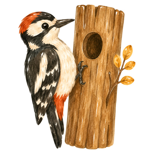 woodpecker, red-headed woodpecker, birds, nature, woodland, forest, autumn, fall, rustic, vintage, tree trunk, log, natural wood, cream, black, red, orange, rust, tan, brown, animal, wildlife, botanical, leaves, branch, whimsical, traditional, nature lover, cabin style, farmhouse