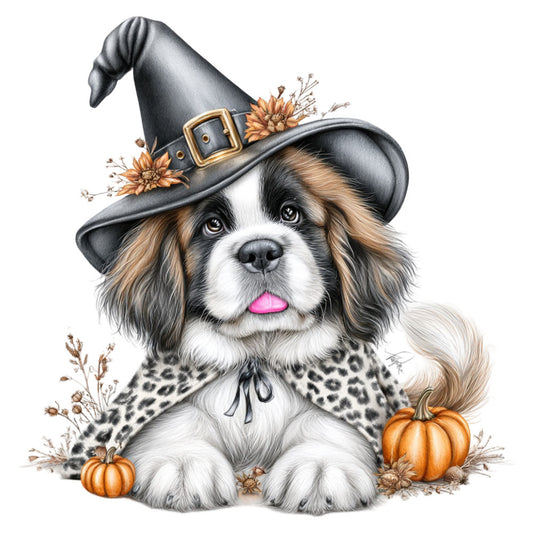 dog, spaniel, witch hat, halloween, autumn, fall, pumpkin, flowers, dried flowers, sunflower, whimsical, cute, animal, tan, brown, black, white, cream, gold, orange, leopard print, animal print, spotted, festive, seasonal, holiday, spooky, playful, charming, children's