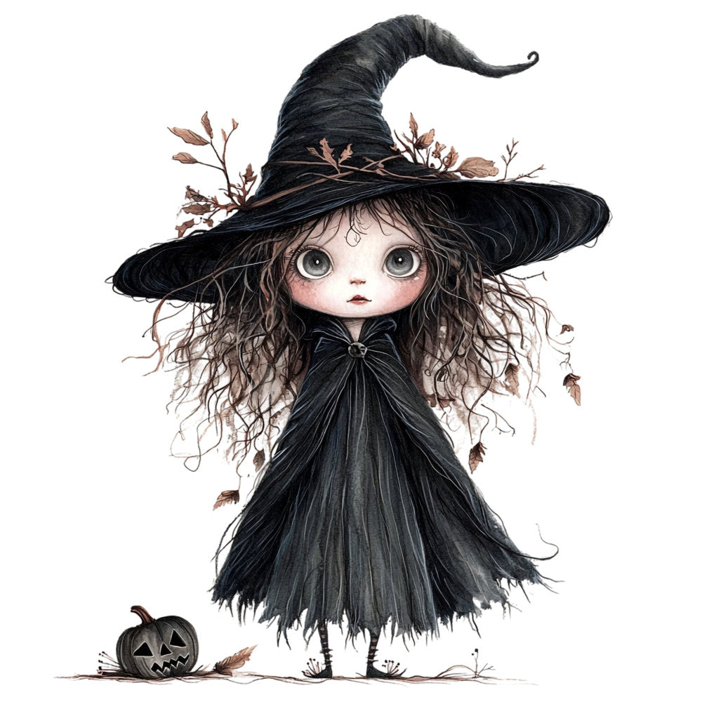 witch, halloween, black, cream, charcoal gray, autumn, fall, whimsical, gothic, spooky, pumpkin, jack-o-lantern, dried leaves, nature, children's, young girl, pointed hat, dark fantasy, seasonal, holiday, illustration style, storybook, enchanted, magical, brown accents, decorative panel, character design