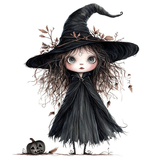 witch, halloween, black, cream, charcoal gray, autumn, fall, whimsical, gothic, spooky, pumpkin, jack-o-lantern, dried leaves, nature, children's, young girl, pointed hat, dark fantasy, seasonal, holiday, illustration style, storybook, enchanted, magical, brown accents, decorative panel, character design