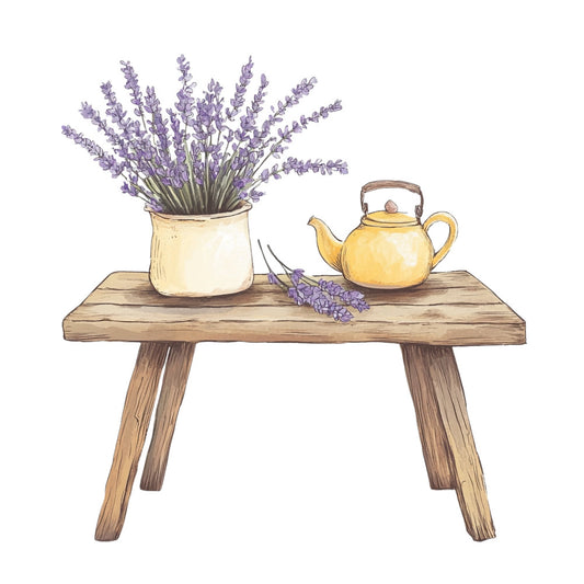 lavender purple, soft yellow, cream, wooden table, teapot, floral, botanical, lavender flowers, nature, farmhouse, cottage, rustic, vintage, elegant, spring, summer, provence, french country, home decor, table setting, still life, peaceful, calming, traditional, whimsical, kitchen theme, tea time, garden, purple flowers, natural tones