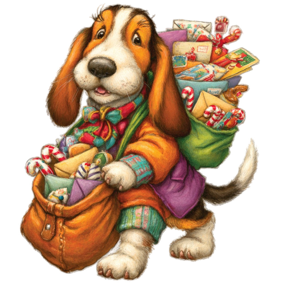 Christmas, holiday, dog, puppy, basset hound, festive, whimsical, cute, children's, baby, red, green, orange, gold, purple, candy canes, gift boxes, presents, stocking, seasonal, winter, traditional, cheerful, illustrated, character, animal, vintage style, nostalgic, decorative panel