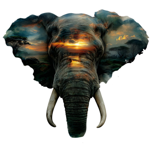 elephant, wildlife, african animals, sunset, golden orange, warm amber, deep teal, forest green, nature scene, savanna landscape, acacia trees, double exposure, double image, artistic, modern, bohemian, celestial, spiritual, majestic, tusks, trunk, animal portrait, landscape overlay, mixed media, artistic animals, home decor, wall art, nature lovers, safari theme, earth tones