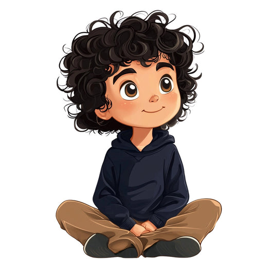 navy blue, tan brown, warm skin tone, black curly hair, children, kids, boy, portrait, character design, whimsical, playful, cute, contemporary, illustration style, character panel, children's fabric, baby boy, young child, innocent, friendly expression, casual clothing, hoodie, sitting pose, modern illustration, decorative panel, apparel fabric, novelty print