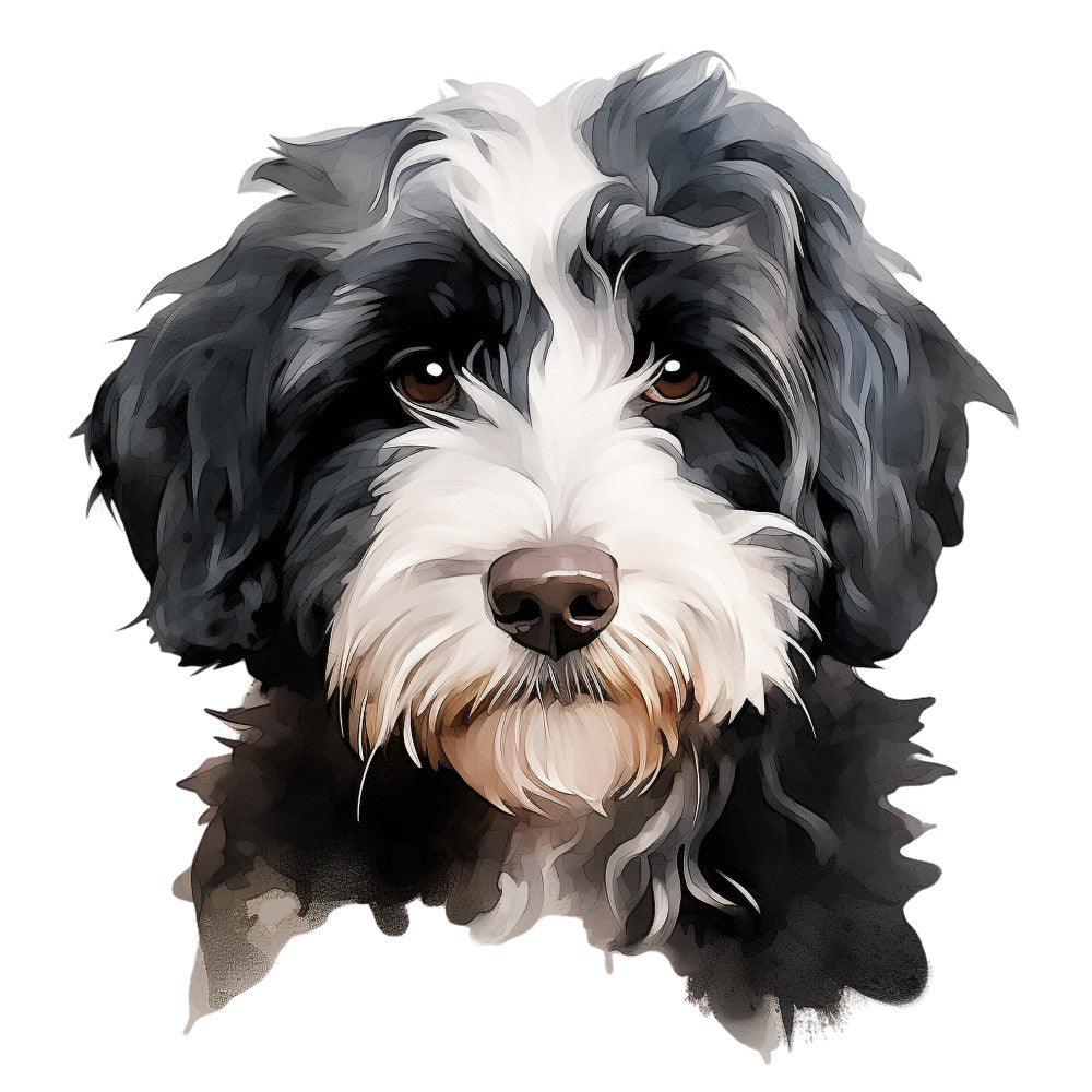 black and white dog, shih tzu, dog portrait, animal face, pet illustration, fluffy dog, long-haired dog, charcoal gray, cream white, tan brown, realistic dog art, dog breed, companion animal, cute dog, expressive eyes, dog lover, pet theme, animal lover, whimsical style, artistic portrait, watercolor effect, detailed illustration, dog panel, pet fabric, animal panel, decorative dog, gentle expression, friendly dog