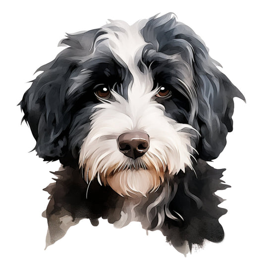 black and white dog, shih tzu, dog portrait, animal face, pet illustration, fluffy dog, long-haired dog, charcoal gray, cream white, tan brown, realistic dog art, dog breed, companion animal, cute dog, expressive eyes, dog lover, pet theme, animal lover, whimsical style, artistic portrait, watercolor effect, detailed illustration, dog panel, pet fabric, animal panel, decorative dog, gentle expression, friendly dog