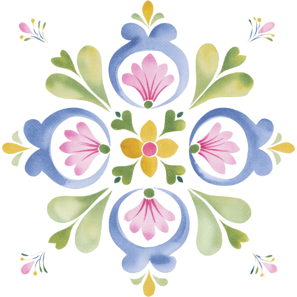 floral, blue, pink, green, yellow, watercolor, symmetrical, medallion, folk art, traditional, whimsical, spring, nature, botanical, periwinkle blue, rose pink, sage green, pale yellow, damask, ornamental, vintage, elegant, hand-painted style, decorative, blossoms, petals, leaves, formal garden, classic, heirloom