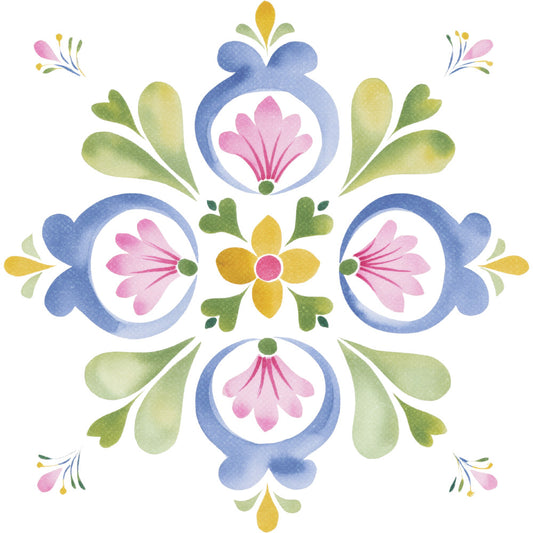 floral, blue, pink, green, yellow, watercolor, symmetrical, medallion, folk art, traditional, whimsical, spring, nature, botanical, periwinkle blue, rose pink, sage green, pale yellow, damask, ornamental, vintage, elegant, hand-painted style, decorative, blossoms, petals, leaves, formal garden, classic, heirloom
