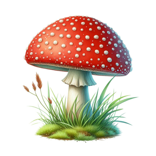 red mushroom, white spots, forest green, cream, nature, woodland, botanical, whimsical, fairy tale, toadstool, grass, moss, cottage core, autumn, fall, children, kids, storybook, enchanted forest, magical, rustic, vintage illustration, home decor, wall hanging, nature lover, garden theme, fairytale aesthetic, fantasy, illustrated, detailed