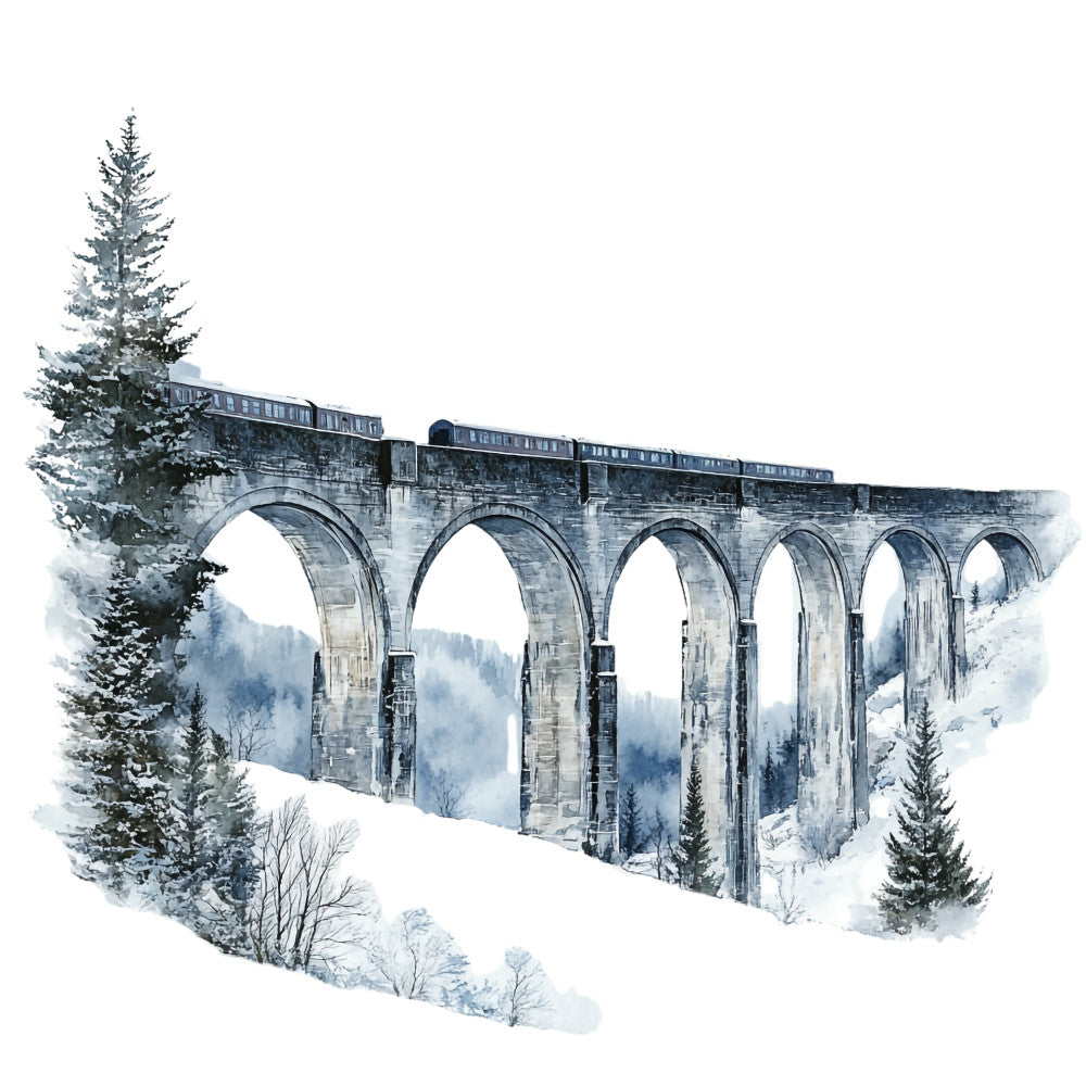 winter landscape, stone viaduct, railway bridge, train on bridge, snow covered trees, evergreen forest, watercolor style, muted blues, soft grays, white snow, fabric panel, quilting cotton, scottish highlands, misty mountains, arched stonework, pine trees, winter scene, serene atmosphere, nature illustration, transportation theme