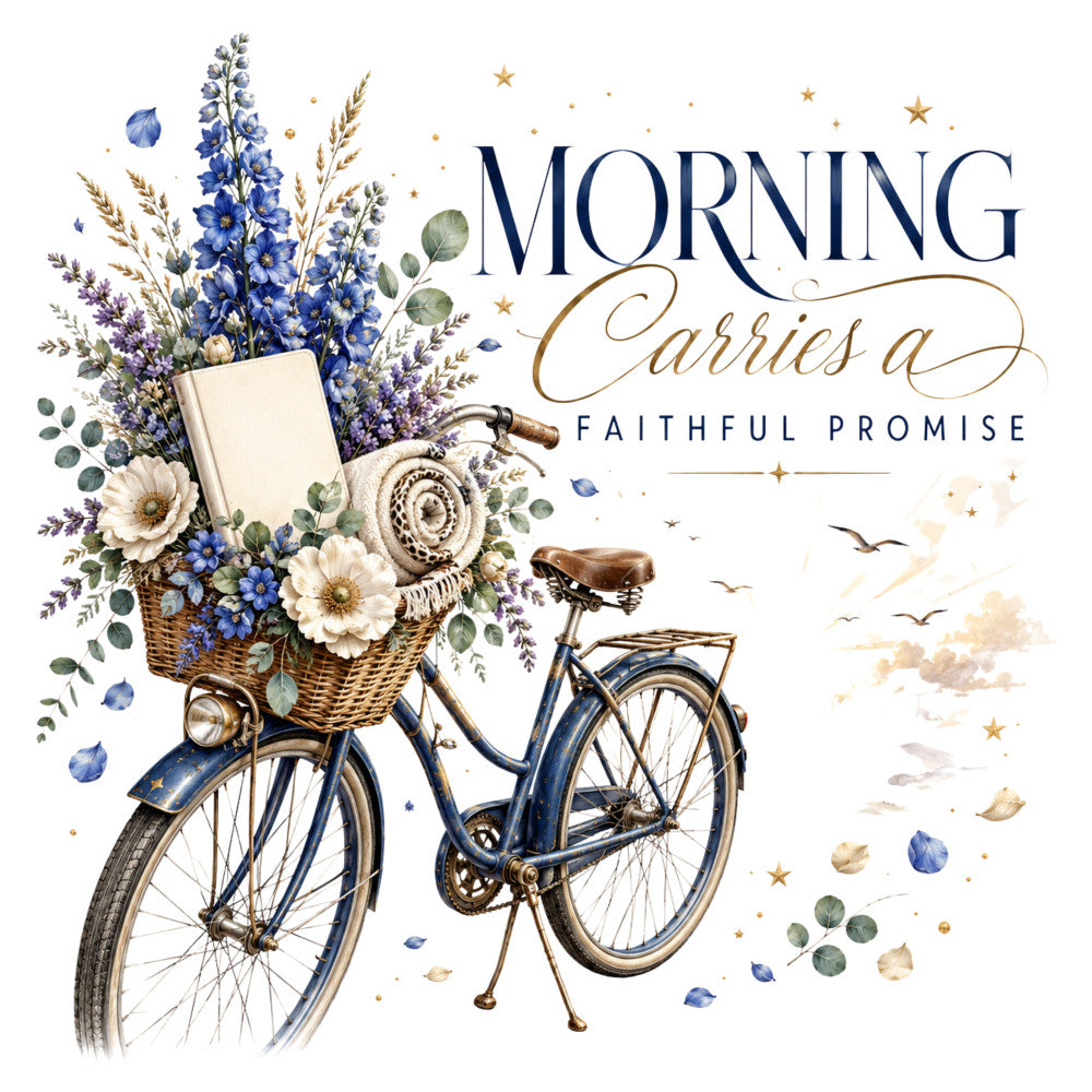 navy blue, cream, gold, purple, lavender, vintage bicycle, wildflowers, lupine, daisies, eucalyptus, inspirational quote, morning message, faithful promise, celestial stars, birds, rustic farmhouse, cottage core, botanical, spring, elegant, whimsical, romantic, traditional, basket weave, open book, morning glory, floral arrangement, decorative, home decor, wall hanging