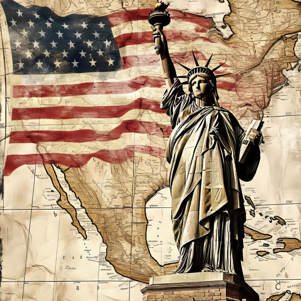 american flag, statue of liberty, patriotic, vintage map, red white and blue, cream, tan, brown, historical, usa, national landmarks, iconic, classic americana, traditional, nostalgic, liberty torch, torch of freedom, distressed, aged, antique, heritage, independence, wall hanging, home decor, americana theme, liberty theme, freedom, united states map, commemorative