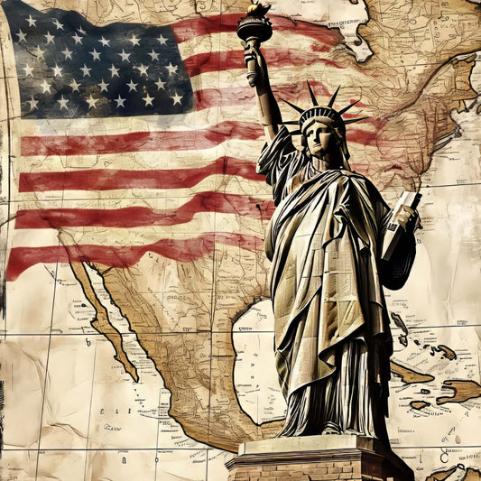 american flag, statue of liberty, patriotic, vintage map, red white and blue, cream, tan, brown, historical, usa, national landmarks, iconic, classic americana, traditional, nostalgic, liberty torch, torch of freedom, distressed, aged, antique, heritage, independence, wall hanging, home decor, americana theme, liberty theme, freedom, united states map, commemorative
