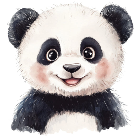 panda, black and white, cute animals, wildlife, children's, baby, whimsical, playful, happy face, smiling, gentle, soft, nursery, kids fabric, animal panel, charming, friendly, innocent, sweet, adorable, illustration style, painted, watercolor effect, monochromatic, classic, timeless, decorative, apparel, stuffed animal inspired