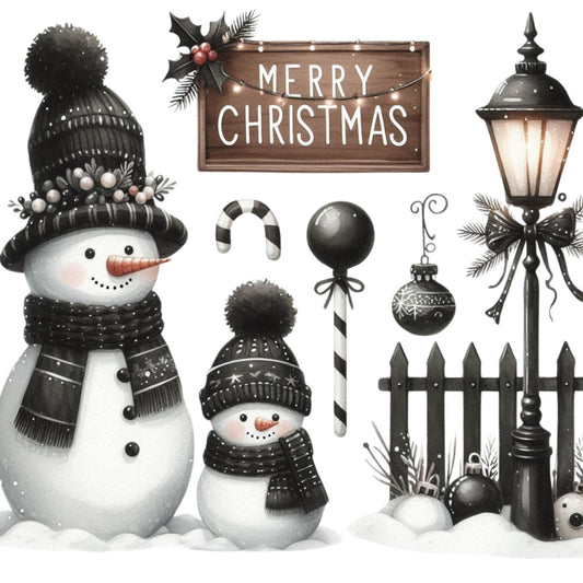 Black Hat Snowmen Fabric Panel 2