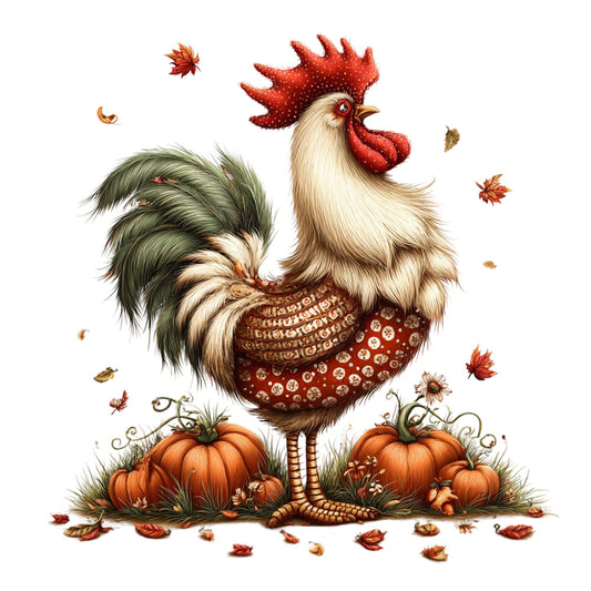 rooster, autumn, fall, harvest, pumpkin, thanksgiving, farmhouse, rustic, countryside, cream, burgundy, rust, olive green, dark green, tan, brown, floral, leaves, seasonal, folk art, whimsical, traditional, cottage core, farm animals, nature, pumpkins, fall foliage, country, decorative, warm tones