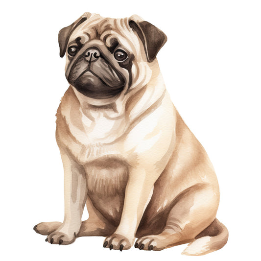 Watercolor Pug Fabric Panel 9 featuring a detailed, hand-painted style premium quilting cotton pug design.