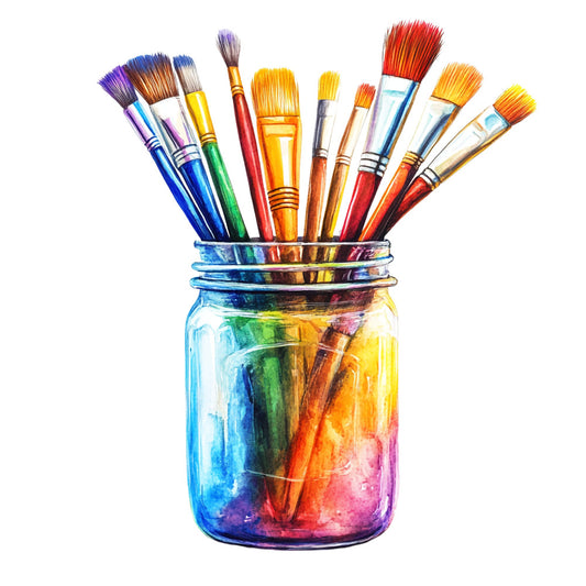paintbrushes, glass jar, rainbow colors, blue, purple, orange, yellow, red, green, artist tools, creative supplies, watercolor style, art studio, painting equipment, colorful bristles, mason jar, craft theme, vibrant hues, artistic motif, fabric panel