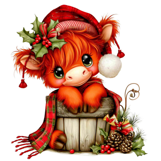 christmas, holiday, red, orange, cream, forest green, plaid, tartan, whimsical, cute, festive, cow, animal, rustic, farmhouse, vintage, winter, holly berries, pine cones, ribbon, snow, seasonal, decorative panel, children's, novelty, charming, traditional, cozy, festive cow, scottish plaid