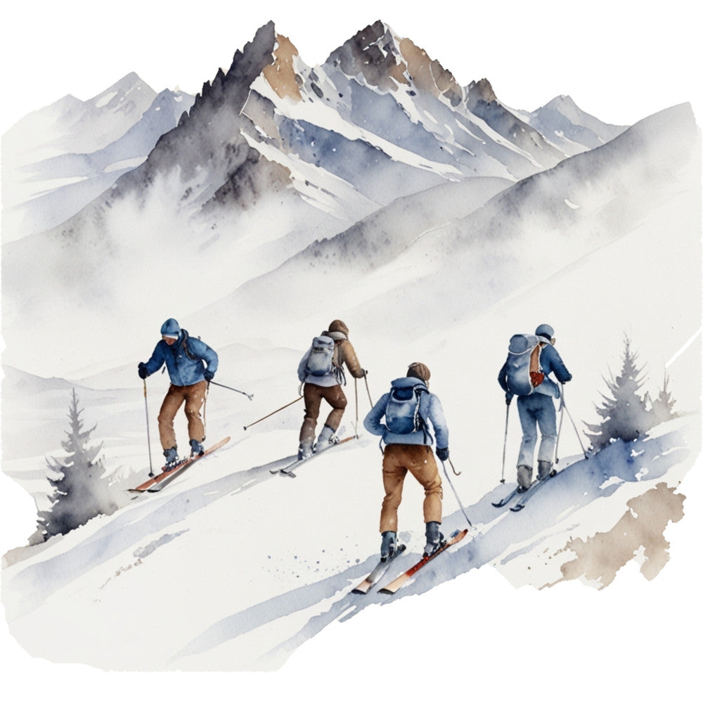 watercolor painting, ski scene, mountain landscape, winter sports, snow covered peaks, skiers, blue jackets, brown pants, evergreen trees, misty mountains, outdoor recreation, fabric panel, quilting cotton, winter theme, alpine setting, recreational skiing, mountain vista, snowy terrain, winter activities, scenic landscape