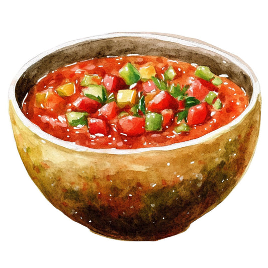 red, orange, yellow, green, white, rustic, food, kitchen, soup, tomato, vegetable, bell pepper, bowl, earthenware, cottage core, farmhouse, harvest, autumn, home decor, culinary, culinary art, folk art, traditional, ethnic, global cuisine, comfort food, warm tones, spice, seasoning, natural materials