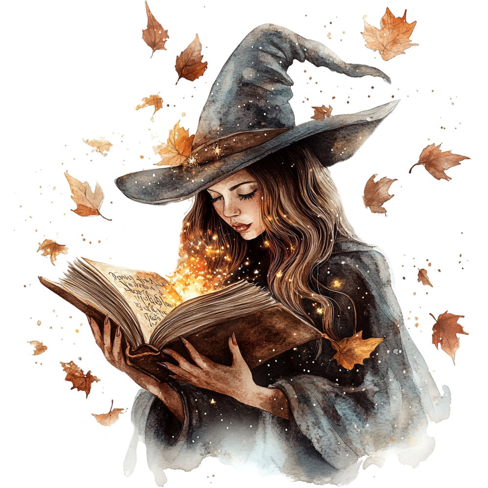 watercolor witch, autumn leaves, magical sparkles, spell book, pointed hat, brown hair, gray robes, orange leaves, golden magic, mystical woman, witchcraft theme, fabric panel, quilting cotton, halloween motif, fall colors, enchanted reading, magical glow, seasonal design, witch costume, autumn witch