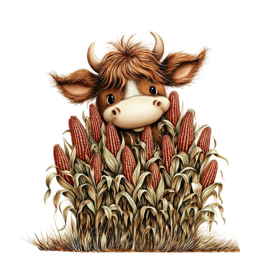 highland cow, brown and white, red corn, cornfield, farm animals, farmhouse, rustic, whimsical, cute, country, agricultural, harvest, autumn, fall, nature, livestock, cattle, charming, folk art, traditional, earthy tones, cream, tan, burnt orange, children's, playful, novelty, scene, pastoral, homestead