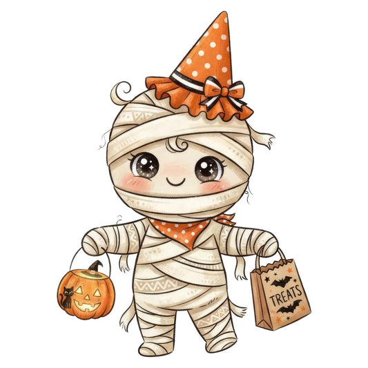 halloween, mummy, cute, whimsical, orange, cream, white, polka dots, party hat, festive, trick or treat, candy, pumpkin, jack-o-lantern, bandages, spooky, autumn, fall, holiday, children's, playful, fun, boy's fabric, girl's fabric, costume, decorated, cheerful, sweet, treat bag, happy face