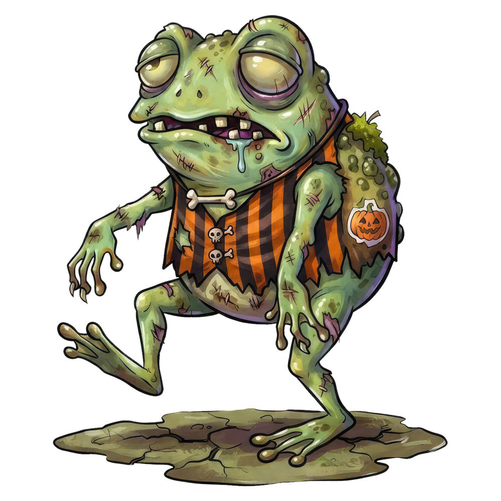 lime green, sage green, olive green, orange, black, purple, zombie, monster, halloween, undead, spooky, creepy, funny, humorous, whimsical, cartoon, illustrated, character, striped vest, plaid, skeleton, jack-o-lantern, pumpkin, autumn, fall, holiday, trick-or-treat, children's, kids, playful