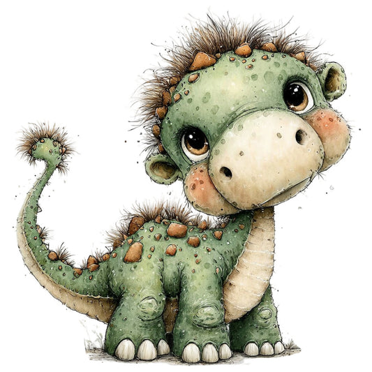 sage green, cream, tan, brown, whimsical, cute animal, dinosaur, baby, nursery, children's, playful, illustration, storybook, fantasy creature, spiky, textured, adorable, quirky, fun, friendly, prehistoric, dino, cactus spikes, nature-inspired, playroom, baby shower, child's quilt, wall hanging, kids' decor, watercolor style