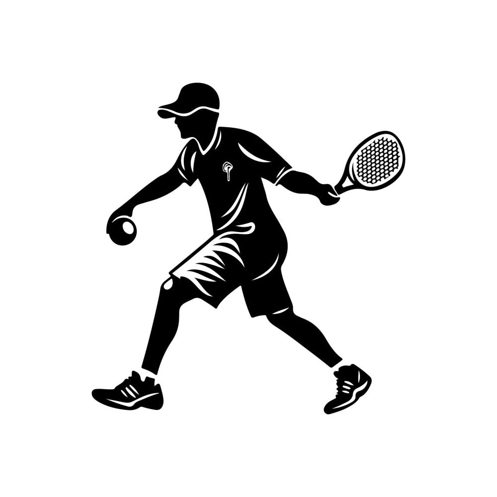 tennis, sports, athletic, silhouette, black and white, monochrome, minimalist, modern, active lifestyle, racquet, ball, player, motion, dynamic, action, fitness, games, recreation, unisex, contemporary, line art, graphic, bold, contrast, apparel print, casual wear, youth theme, hobby, competition, energetic