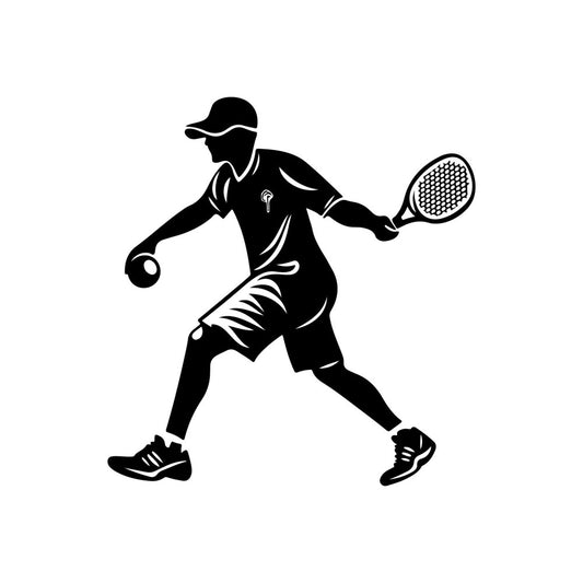 tennis, sports, athletic, silhouette, black and white, monochrome, minimalist, modern, active lifestyle, racquet, ball, player, motion, dynamic, action, fitness, games, recreation, unisex, contemporary, line art, graphic, bold, contrast, apparel print, casual wear, youth theme, hobby, competition, energetic