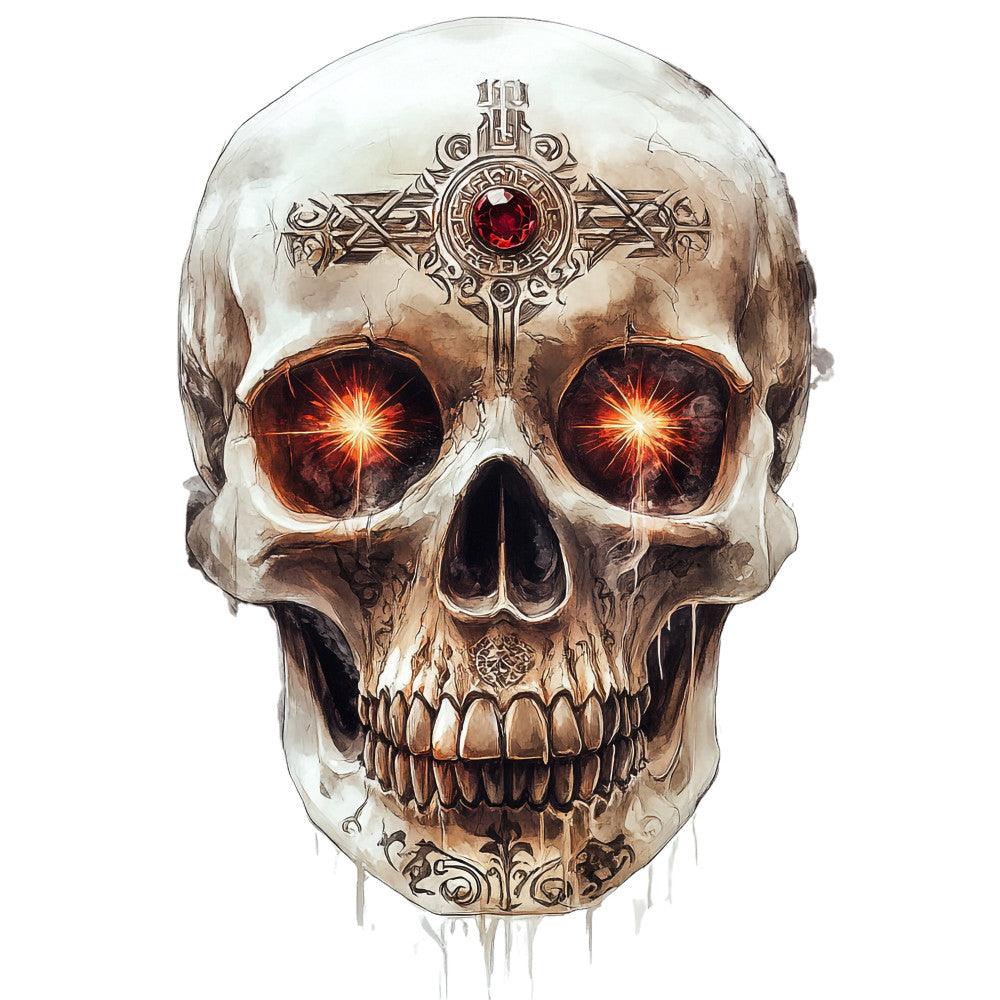 skull, glowing eyes, fiery red, metallic gold, ornate cross, gothic, dark academia, mystical, supernatural, occult, macabre, bones, decorative ornamentation, intricate detailing, dark fantasy, steampunk, halloween, edgy, alternative style, celestial symbols, gem stone embellishment, moody, dramatic, horror themed, artistic illustration, cream white, burnt orange, jewel tone, rebellious aesthetic