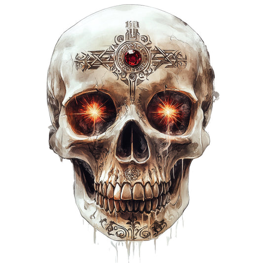 skull, glowing eyes, fiery red, metallic gold, ornate cross, gothic, dark academia, mystical, supernatural, occult, macabre, bones, decorative ornamentation, intricate detailing, dark fantasy, steampunk, halloween, edgy, alternative style, celestial symbols, gem stone embellishment, moody, dramatic, horror themed, artistic illustration, cream white, burnt orange, jewel tone, rebellious aesthetic