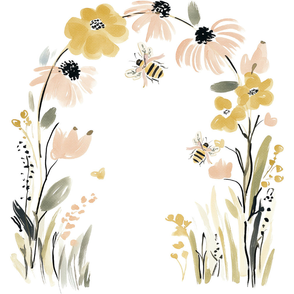 floral, botanical, yellow flowers, peach flowers, cream flowers, sage green, soft yellow, dusty peach, black centers, bees, nature, spring, summer, whimsical, watercolor, botanical illustration, garden, wildflowers, insects, pollinator, delicate, soft colors, pastel, modern floral, feminine, peaceful, nature-inspired, daisy-like flowers