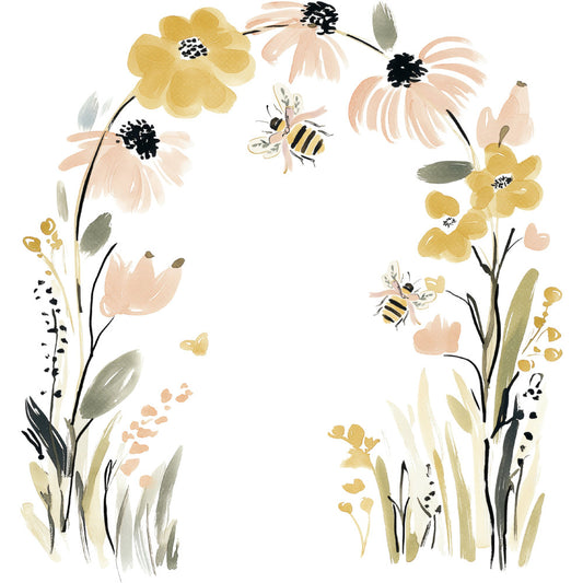 floral, botanical, yellow flowers, peach flowers, cream flowers, sage green, soft yellow, dusty peach, black centers, bees, nature, spring, summer, whimsical, watercolor, botanical illustration, garden, wildflowers, insects, pollinator, delicate, soft colors, pastel, modern floral, feminine, peaceful, nature-inspired, daisy-like flowers
